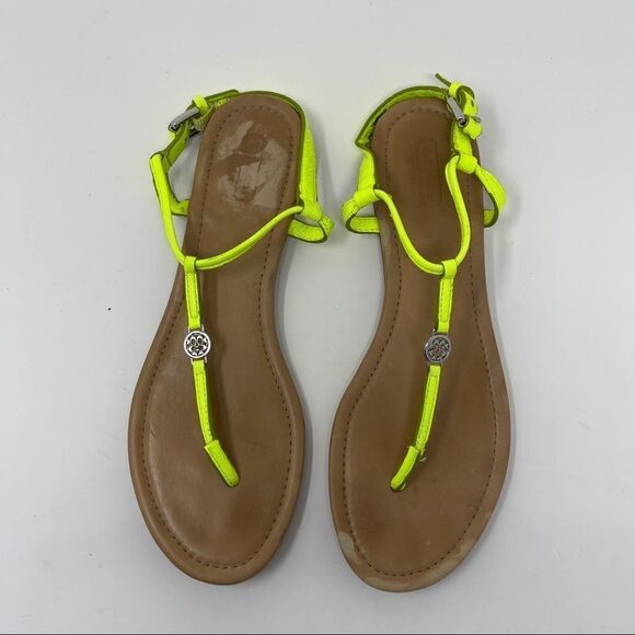 Coach Shirley Sandals Yellow T-Strap Leather Flip Flops Women's 8.5B Green - Picture 2 of 9